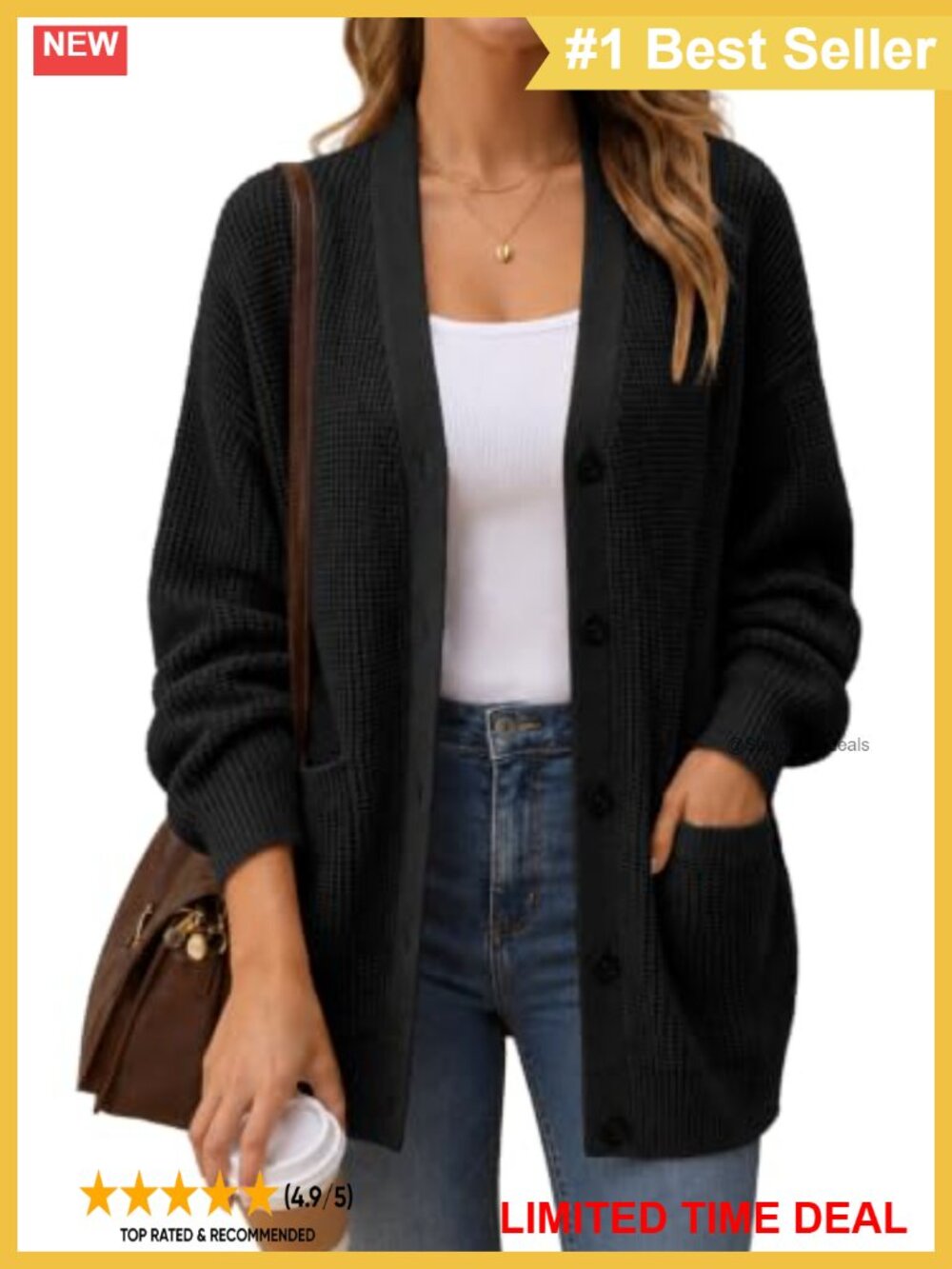 100% Cotton Cardigan Sweater with Pockets Oversized Boyfriend Fit